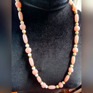Pink & White Lucite Bead Necklace Gold tone Spacers, 28"